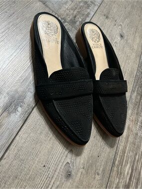Vince Camuto Black Perforated Suede Pointed-Toe Mules slip on